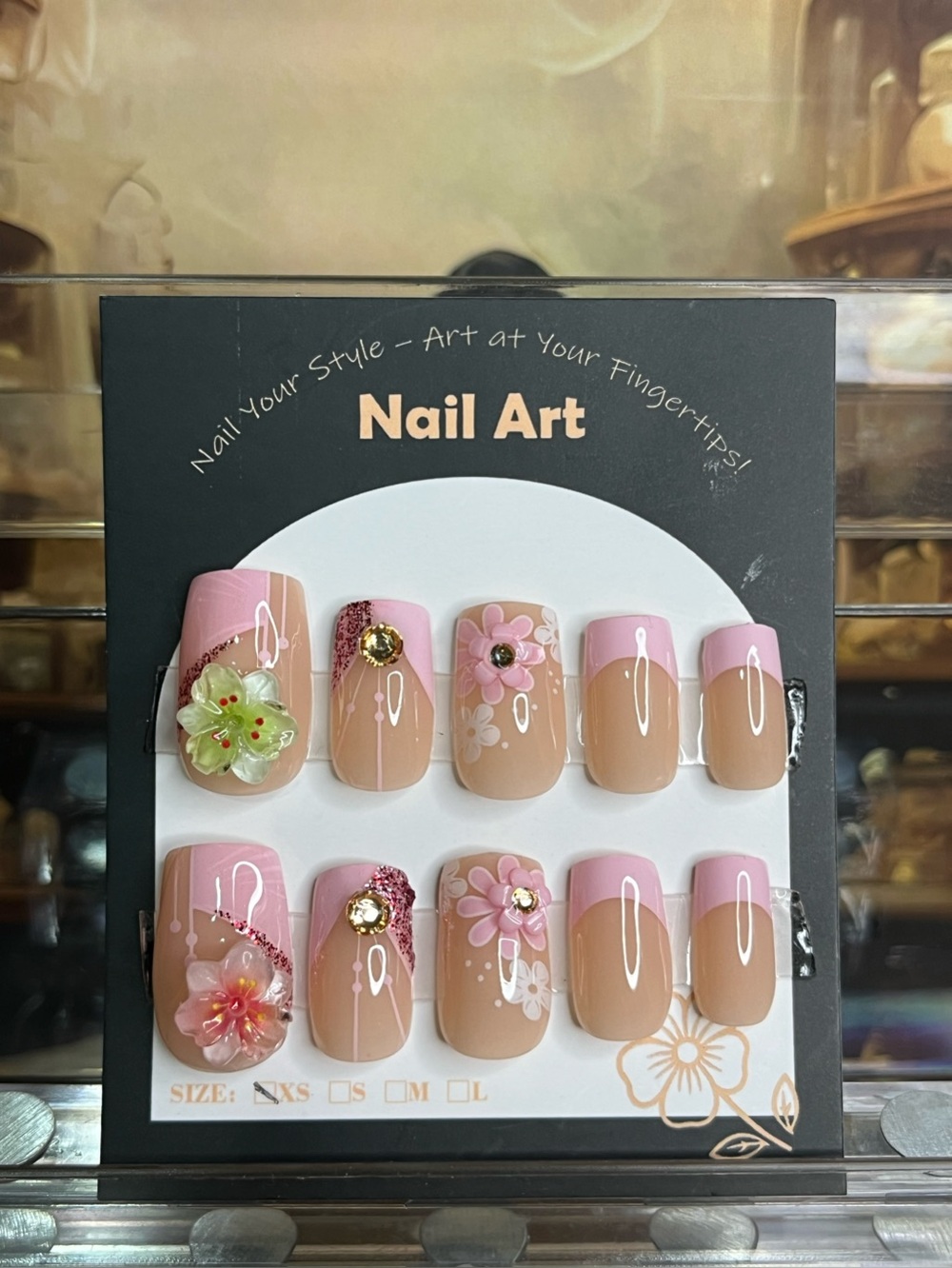 Pink French Tip Press-On Nails with Floral Gems